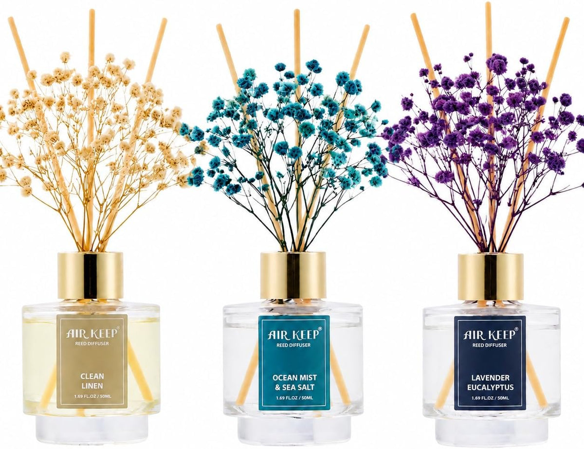 Airkeep Reed Diffuser Set of 3,Clean Linen Ocean Mist&Sea Salt Lavender Eucalyptus Oil Reed Diffusers for Bedroom Living Room Office Aromatherapy Oil Reed Diffuser for Gift 50ml x 3