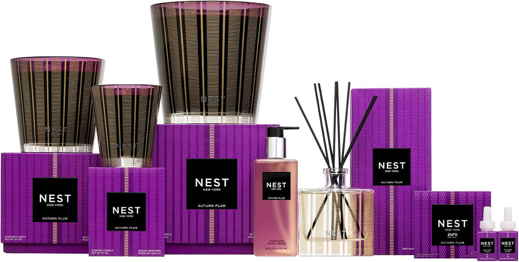 NEST New York Reed Diffuser, Autumn Plum - The Fall Collection - 5.9 fl oz - Fragrance for Up to 90 Days - Reusable, Refillable Glass Holder - Includes 8 All-Natural Reed Sticks - Flame Free
