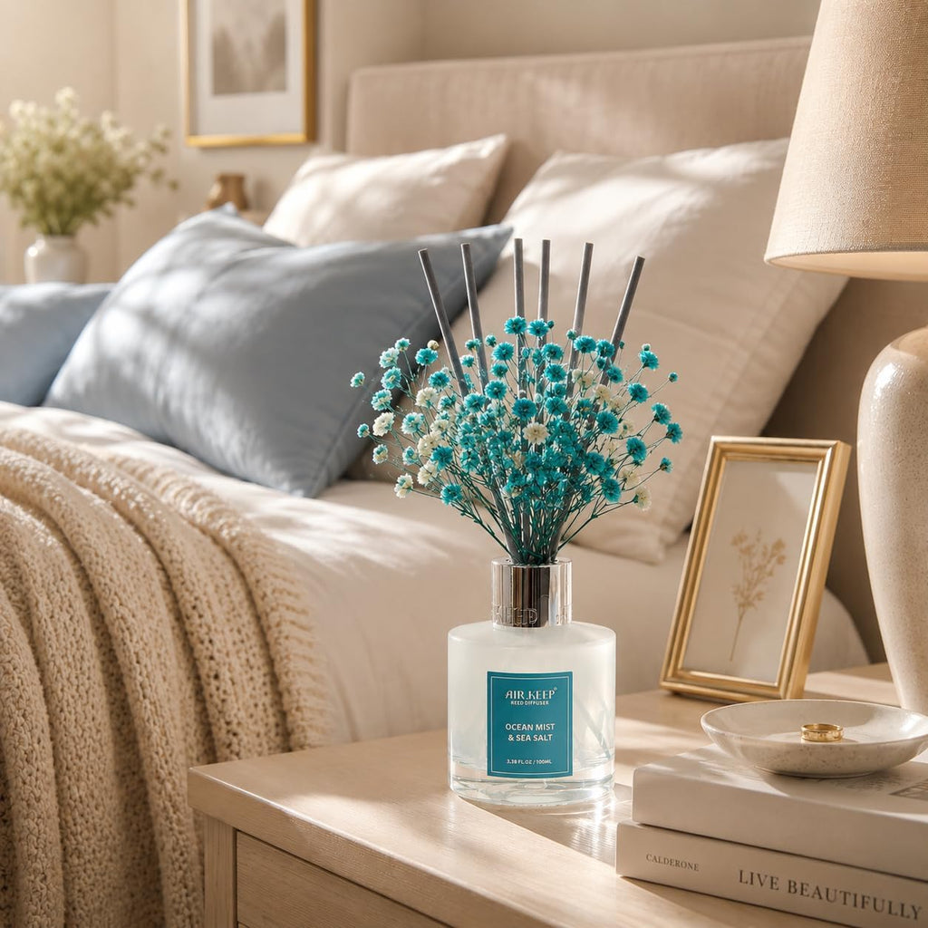 Airkeep Reed Diffuser Set,3.38 fl oz (100 ml) - Ocean Mist&Sea Salt Oil Diffusers with 8 Reed Sticks,Home Fragrance Reed Diffuser for Bathroom Shelf Decor