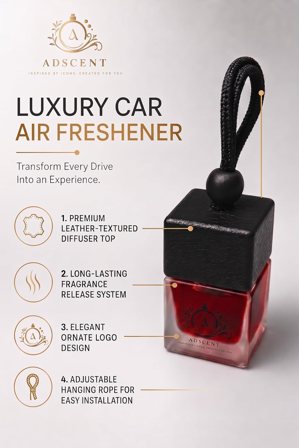 Roug-540 Luxury Car Air Freshener – Premium Hanging Diffuser, Long-Lasting Fragrance Oil, Elegant Glass Bottle with Leather Cap, Car Perfume for Men & Women (Up to 45 Days Freshness)