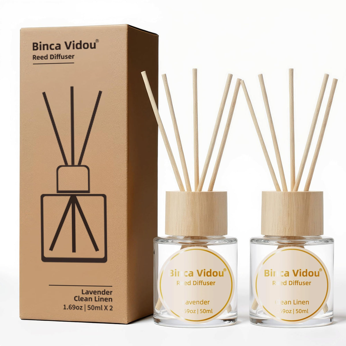 Reed Diffuser Set, Binca Vidou Lavender & Vanilla Natural Scent Oil Diffusers with Sticks for Home Office Bathroom Aromatherapy Decor 1.69oz x 2