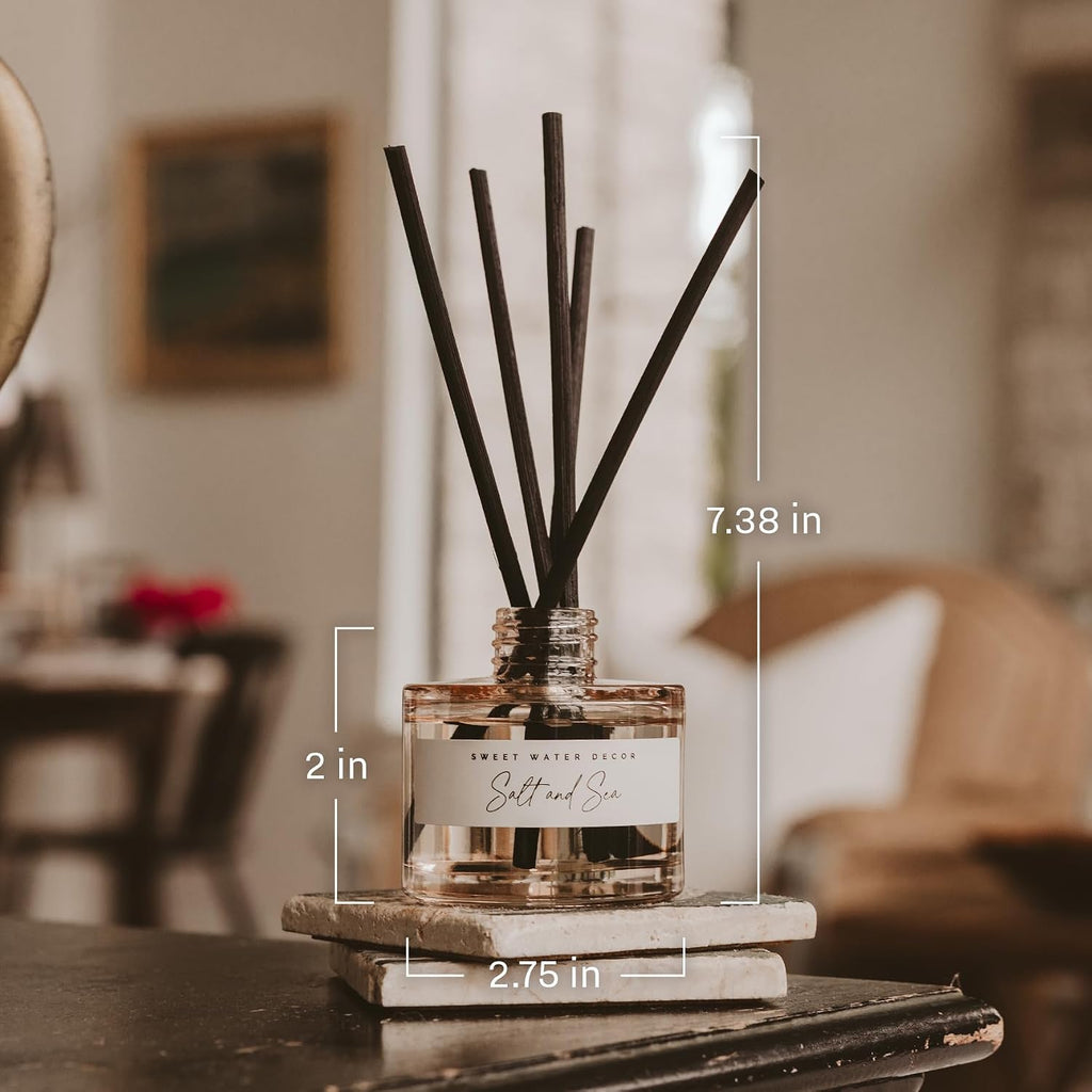 Sweet Water Decor Salt and Sea Reed Diffuser - Sea Salt, Citrus, Musk & Amber Scent - Long-Lasting 4 Month Home Fragrance, Non-Toxic, Aesthetic Home & Bathroom Decor, Made in USA, 3.5 Fl Oz