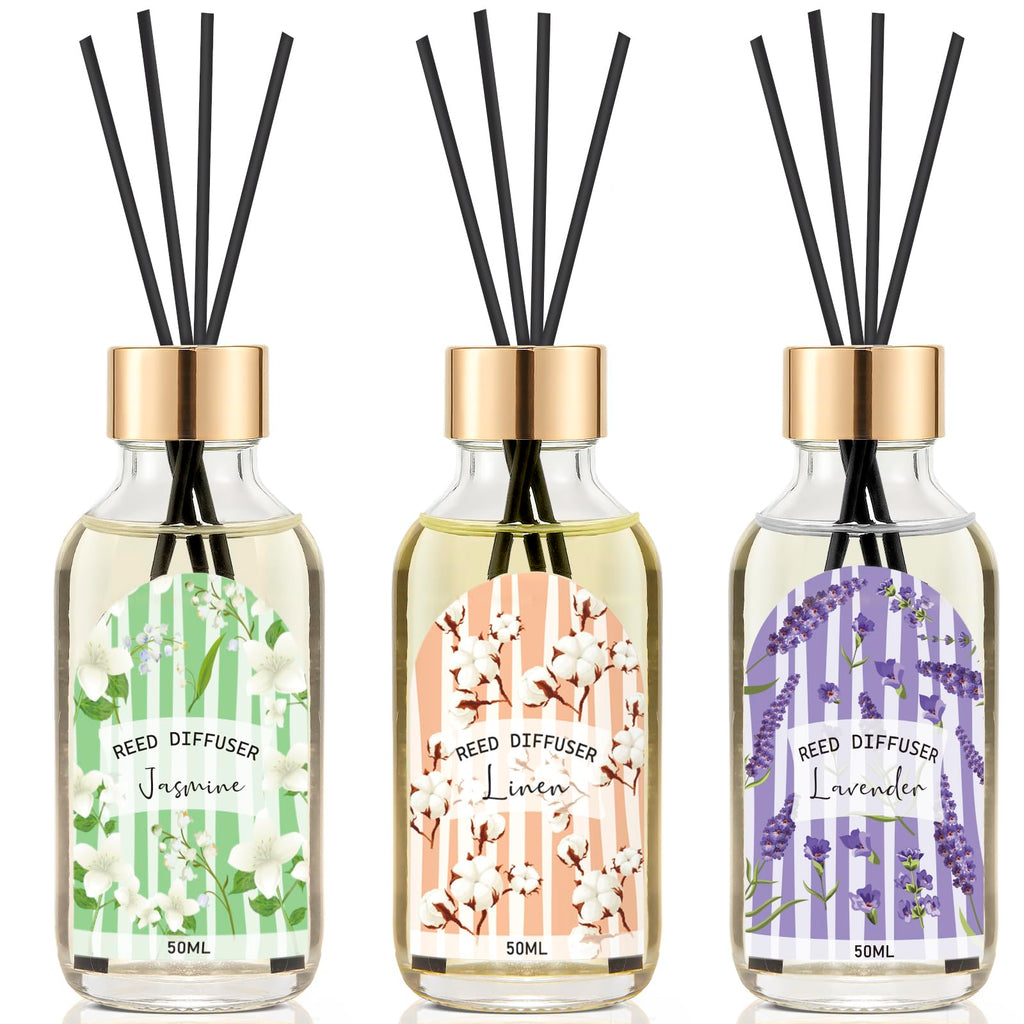 Reed Diffuser Set of 3 Pack, Linen Vanilla Citrus Scented Oil Diffuser with 15 Sticks, Reed Diffusers for Home, Bathroom Air Freshener, 1.7 Fl.oz Each, Total 5.1 Oz