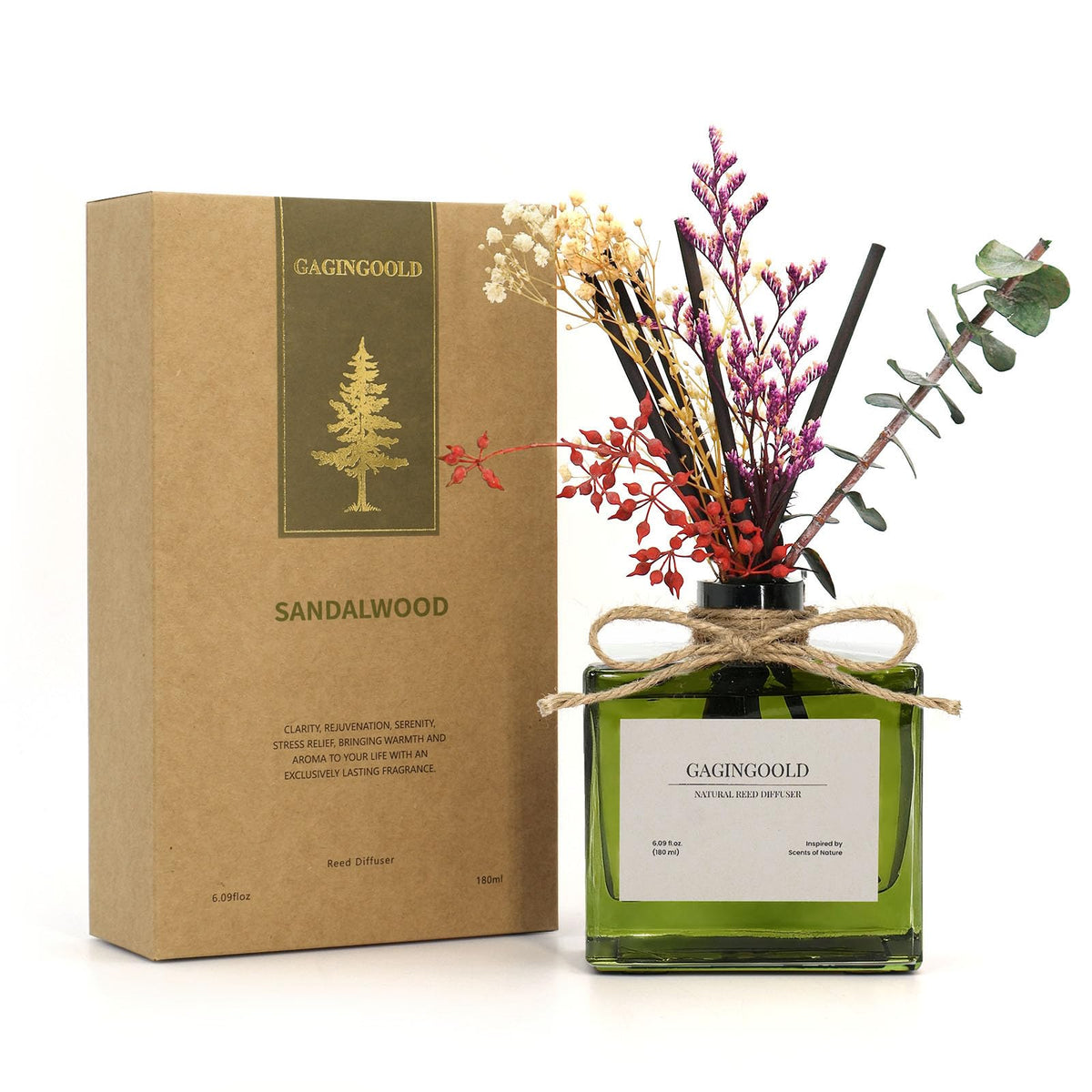 Reed Diffuser, 6.09 oz Earthy Sandalwood Scent Diffuser with Sticks & Dried Flowers, 120 Days Long Lasting diffusers for Home, Elegant Fragrance for Bathroom Bedroom Office Decor Air Fresh