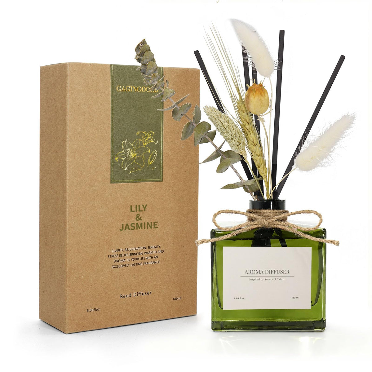 Reed Diffuser, 6.09 oz Earthy Sandalwood Scent Diffuser with Sticks & Dried Flowers, 120 Days Long Lasting diffusers for Home, Elegant Fragrance for Bathroom Bedroom Office Decor Air Fresh
