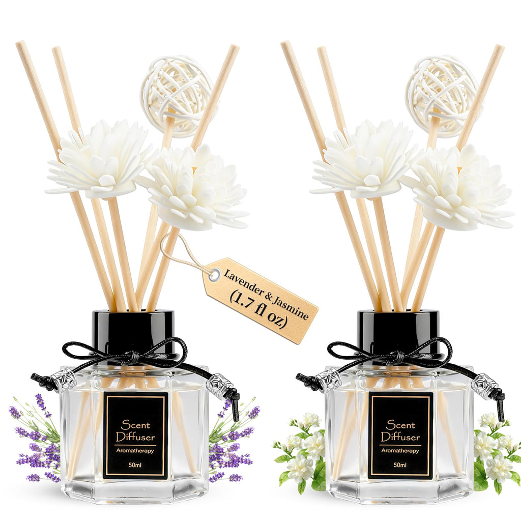 TonJin 2PCS Lavender Reed Diffuser Set 1.7 fl oz with 6 Scent Sticks, Calming Essential Oil Diffuser Sticks for Home, Relaxing Home Fragrance for Bedroom & Bathroom, Natural Non-Toxic Air Freshener