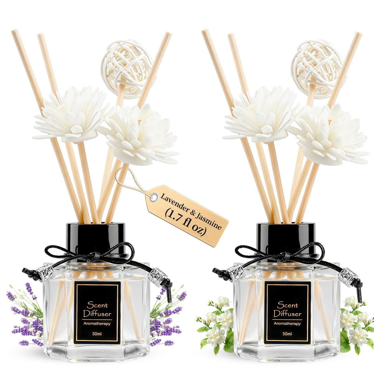 TonJin 2PCS Lavender Reed Diffuser Set 1.7 fl oz with 6 Scent Sticks, Calming Essential Oil Diffuser Sticks for Home, Relaxing Home Fragrance for Bedroom & Bathroom, Natural Non-Toxic Air Freshener