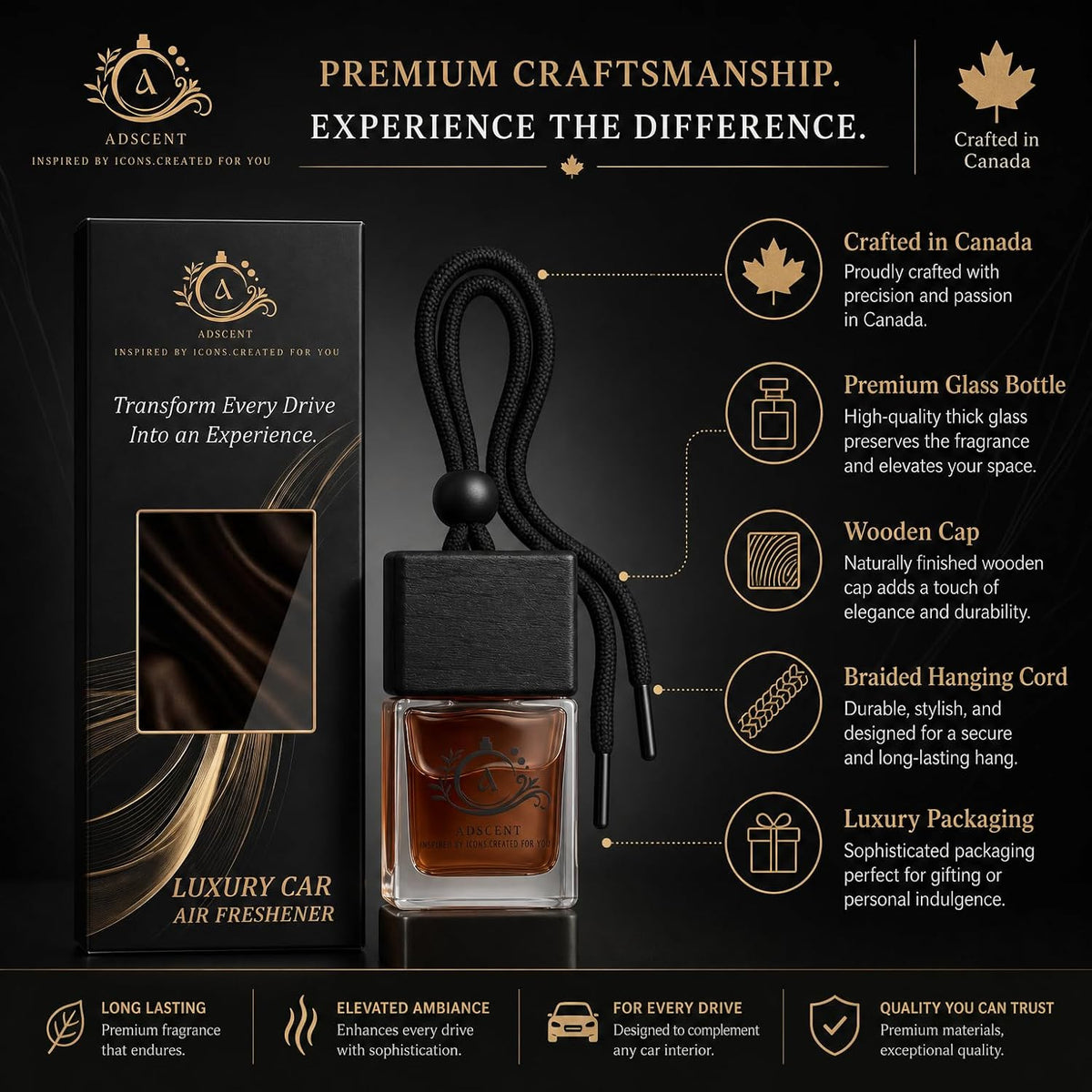 Leather Cream Luxury Car Air Freshener, Hanging Glass Bottle Diffuser, Leather + Vanilla Cream Fragrance, Long-Lasting Up to 45–60 Days, Made in Canada