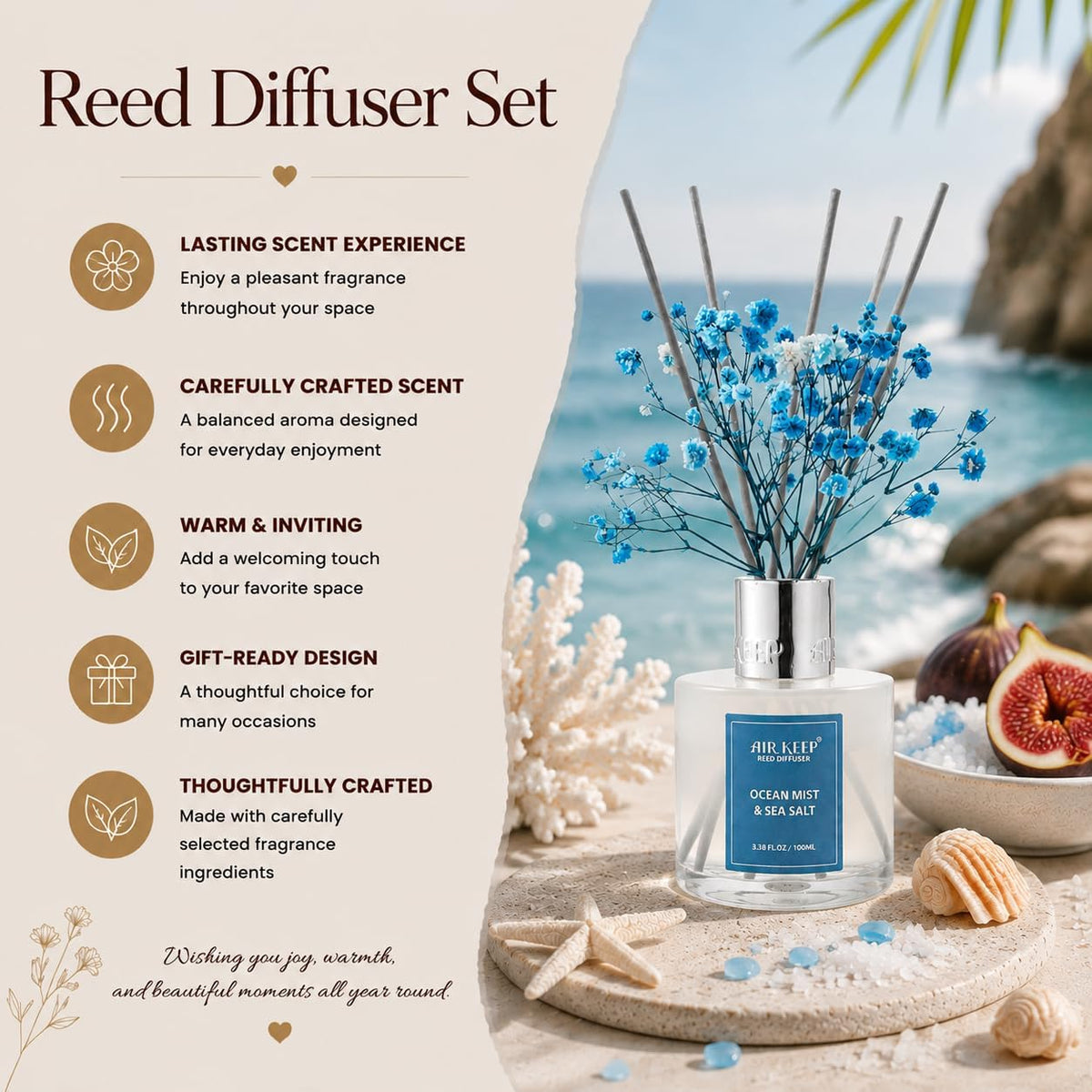Airkeep Reed Diffuser Set,3.38 fl oz (100 ml) - Ocean Mist&Sea Salt Oil Diffusers with 8 Reed Sticks,Home Fragrance Reed Diffuser for Bathroom Shelf Decor