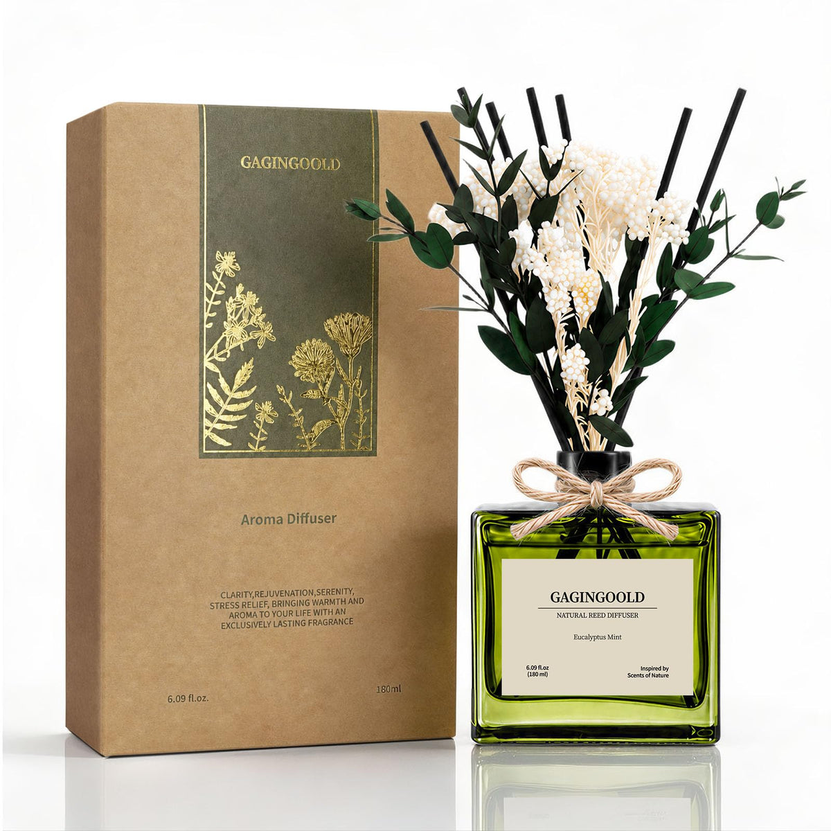 Reed Diffuser, 6.09 oz Earthy Sandalwood Scent Diffuser with Sticks & Dried Flowers, 120 Days Long Lasting diffusers for Home, Elegant Fragrance for Bathroom Bedroom Office Decor Air Fresh