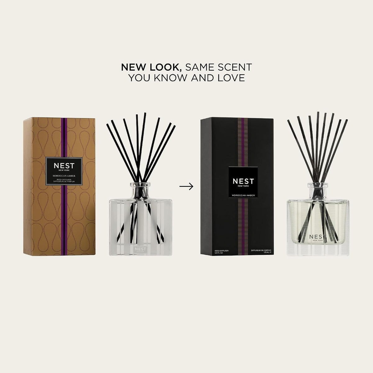 NEST New York Reed Diffuser, Moroccan Amber - 5.9 fl oz - Fragrance for Up to 90 Days - Reusable, Refillable Glass Holder - Includes 8 All-Natural Reed Sticks - Flame Free