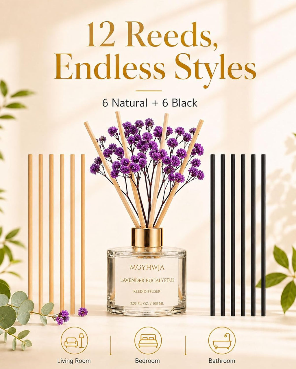 Reed Diffuser Set, 3.38 fl oz Lavender &Eucalyptus Scent Oil