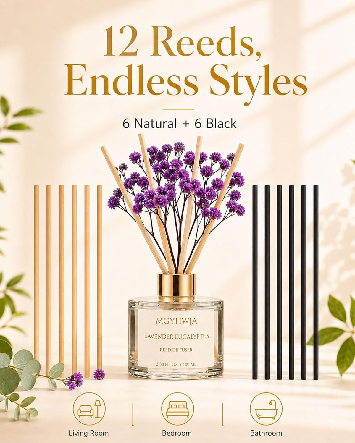 Reed Diffuser Set, 3.38 fl oz Lavender &Eucalyptus Scent Oil