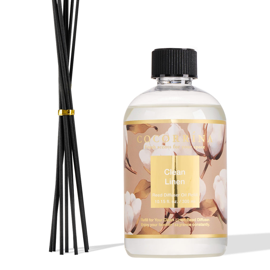 Cocorrína Reed Diffuser Refill Clean Linen 17oz (500ml) with 8 Rattan Sticks - Premium Long-Lasting Scented Oil, Home Fragrance for Bedroom, Bathroom Home Decor