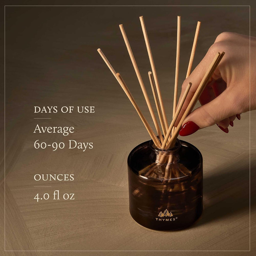 Thymes Petite Oil Reed Diffuser Set – Includes Reeds, Fragrance Oil & Glass Bottle – Luxury Scent Diffusers for Home Decor –Fresh Evergreen, Smoky Wood & Golden Amber (Noir Woods, 4 fl oz)