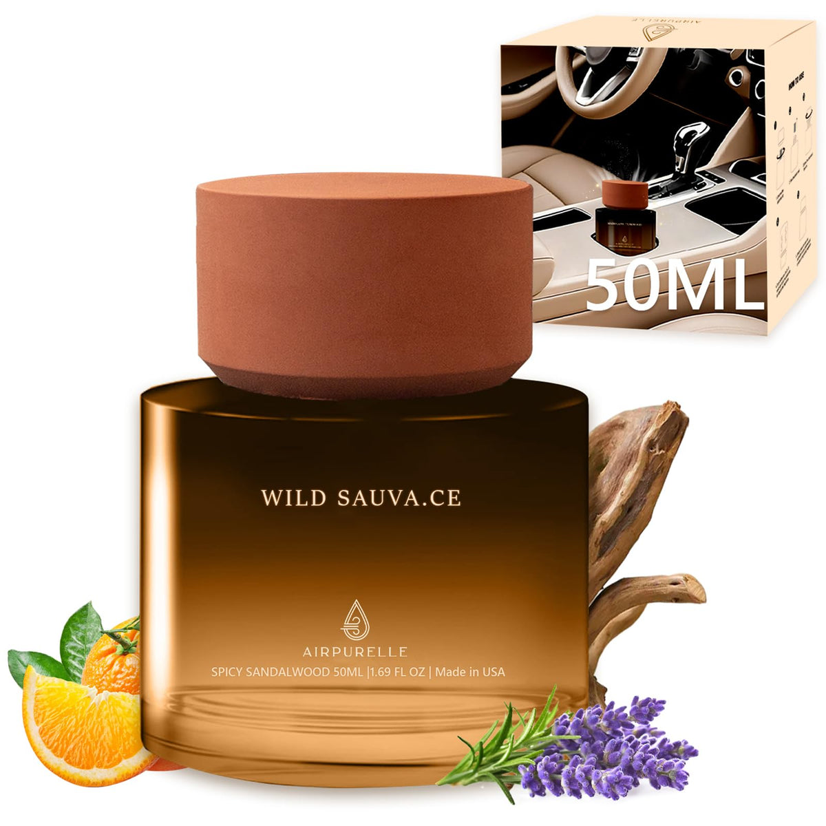 Car Air Freshener 50ML (1.7 FL OZ) Car Air Fresheners Perfume - Mahogany Teakwood Fragrance Oil Air Diffuser for Car, 180+ days Long Lasting Fragrance, Wooden Cup Design Car Fresheners, Made in USA