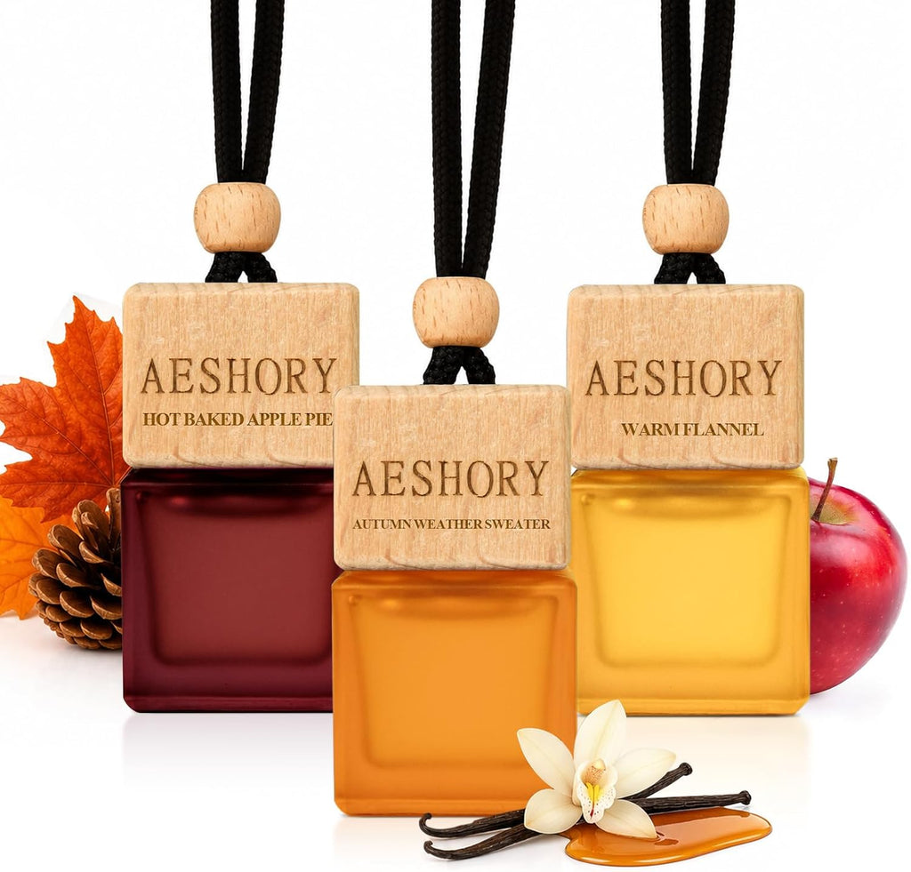 Aeshory 3 Pack Hanging Car Air Freshener, Cozy Autumn Scents, Long Lasting Essential Oil Diffuser, Odor Eliminator, Elegant Car Decor, Ideal Gift for Fall & Daily Use