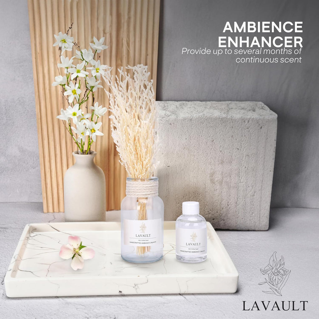 Lavault Reed Diffuser - Long-Lasting Scent Diffusers for Home or Office - Fragrance for Relaxing Atmosphere - Dried Plants and Essential Oils - Reed Diffuser for Bathroom - White Peach Scent - 3.38oz