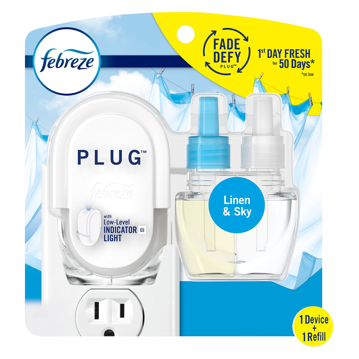 Febreze Plug In Air Freshener, Odor-Fighting Scented Oil Starter Kit, Air Fresheners for Home and Bathroom and Kitchen, Long Lasting for Strong Odors, Linen & Sky Scent, Warmer + 2 Refill