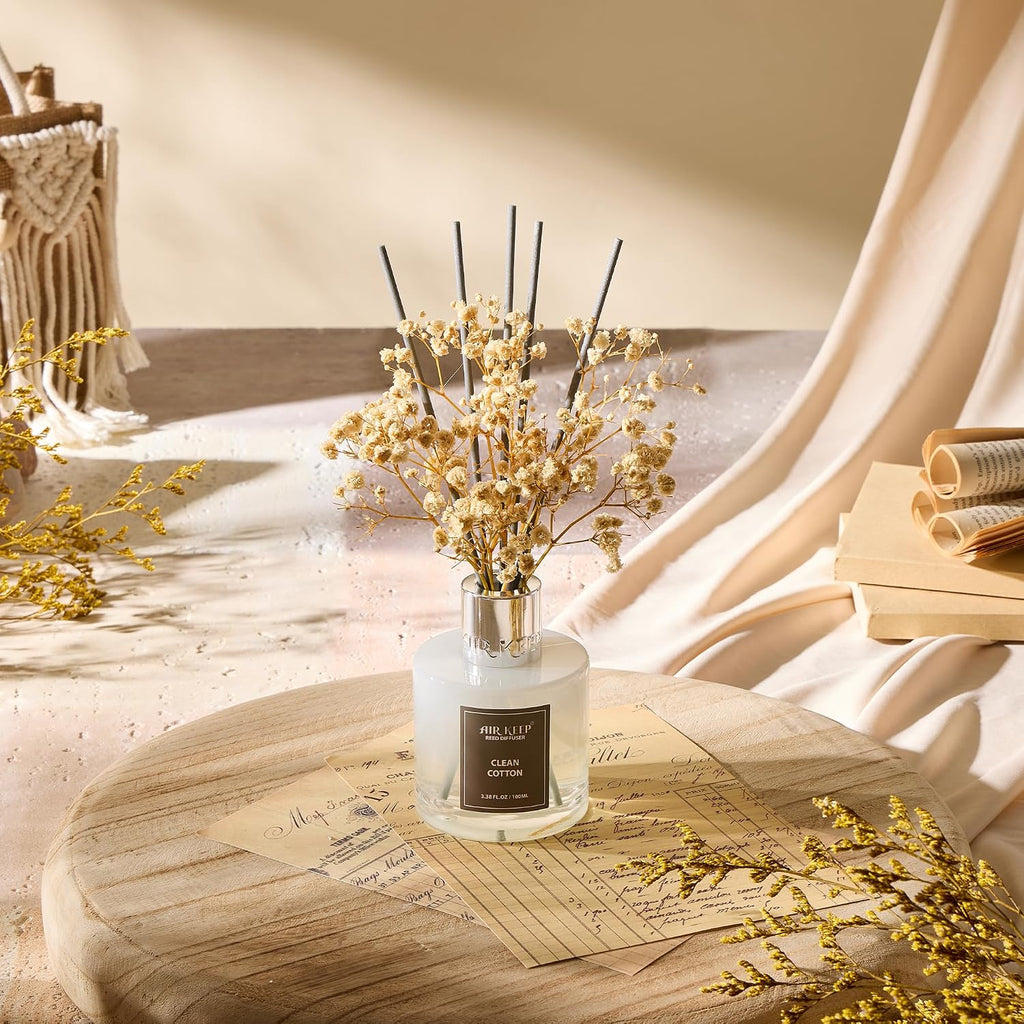 Airkeep Reed Diffuser Set,3.38 fl oz (100 ml) - Clean Cotton Oil Diffusers with 8 Reed Sticks, Home Fragrance Reed Diffuser for Bathroom Shelf Decor