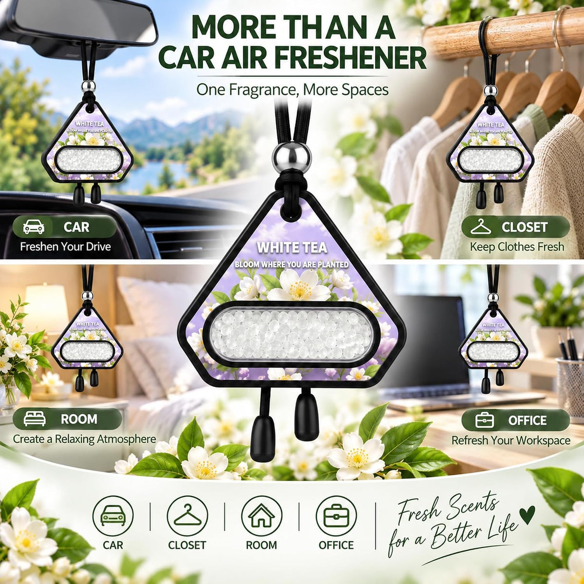 Hanging Car Air Freshener, Solid EVA Beads, White Tea, 3 Pack