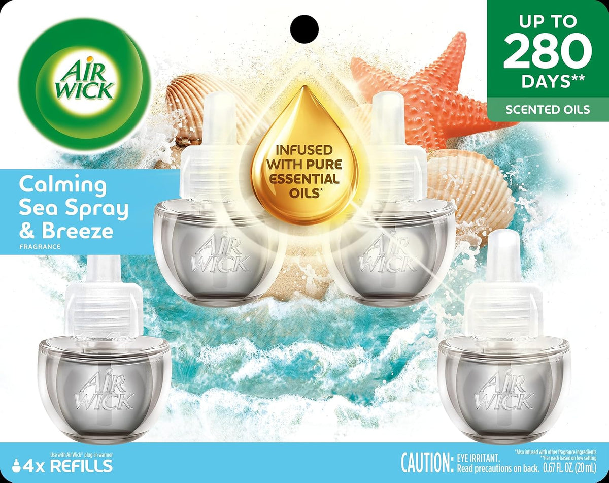 Air Wick Plug in Scented Oil Refills, 4 Count, Calming Sea Spray & Breeze, Air Freshener, Essential Oils