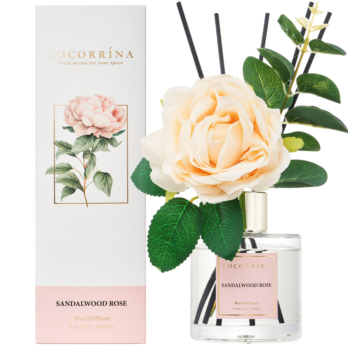 Cocorrína Premium Reed Diffuser Set with Preserved Baby's Breath & Cotton Stick Sandalwood Rose | 6.7oz Scent Fragrance Oil Diffuser for Bedroom Bathroom Home Décor