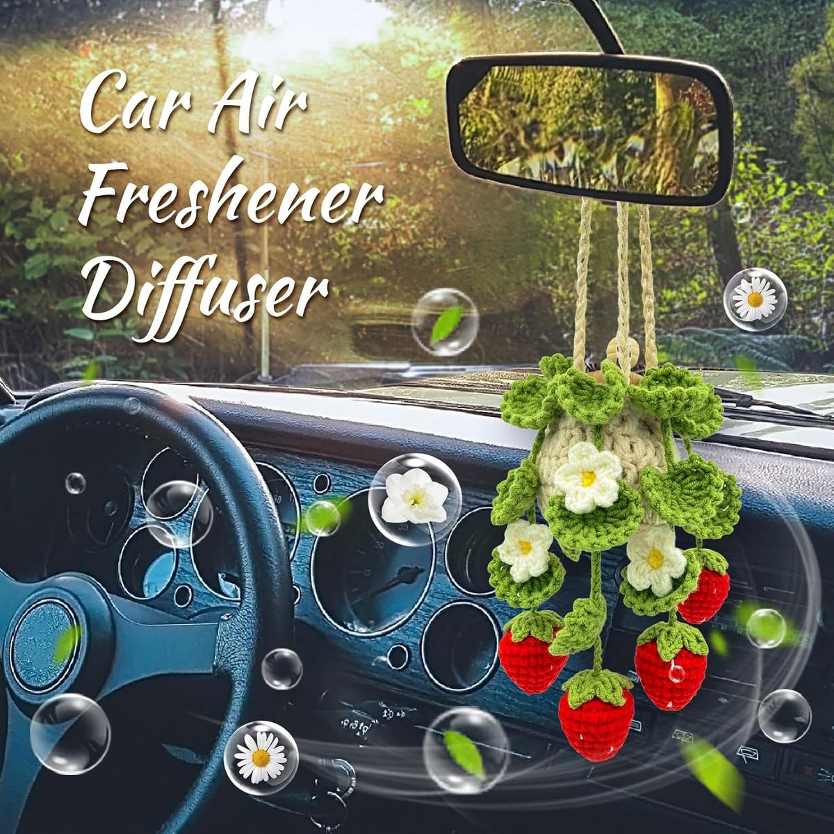 Crochet Car Air Freshener,15ml Diffuser Bottle with Strawberry Plant