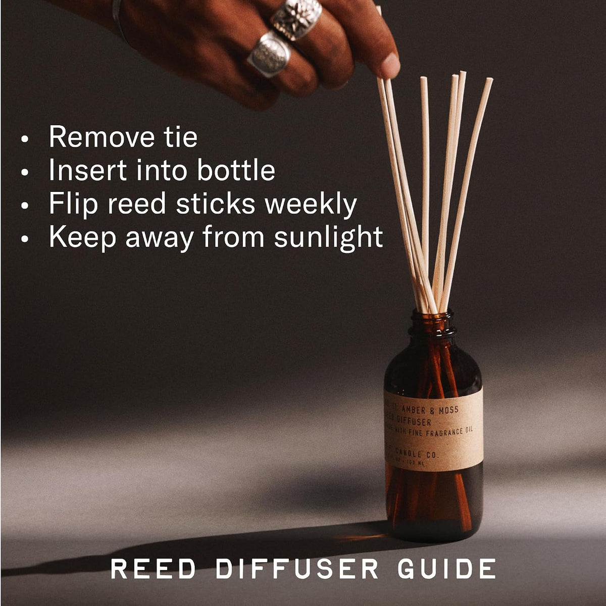 P.F. Candle Co. Teakwood & Tobacco Classic Scented Rattan Reed Diffuser (3.5 fl oz) Amber Glass Jar, Fine Fragrance Oil, Low Maintenance Scent Throw, Made in The U.S.A.