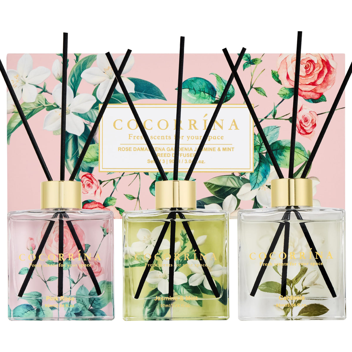 COCORRÍNA Reed Diffuser Set of 3-3 Pack/ 3.04 Fl.oz Diffuser with 24 Sticks Cashmere Vanilla/Sandalwood Rose/Clean Linen Reed Diffuser for Home Bathroom Office Decor