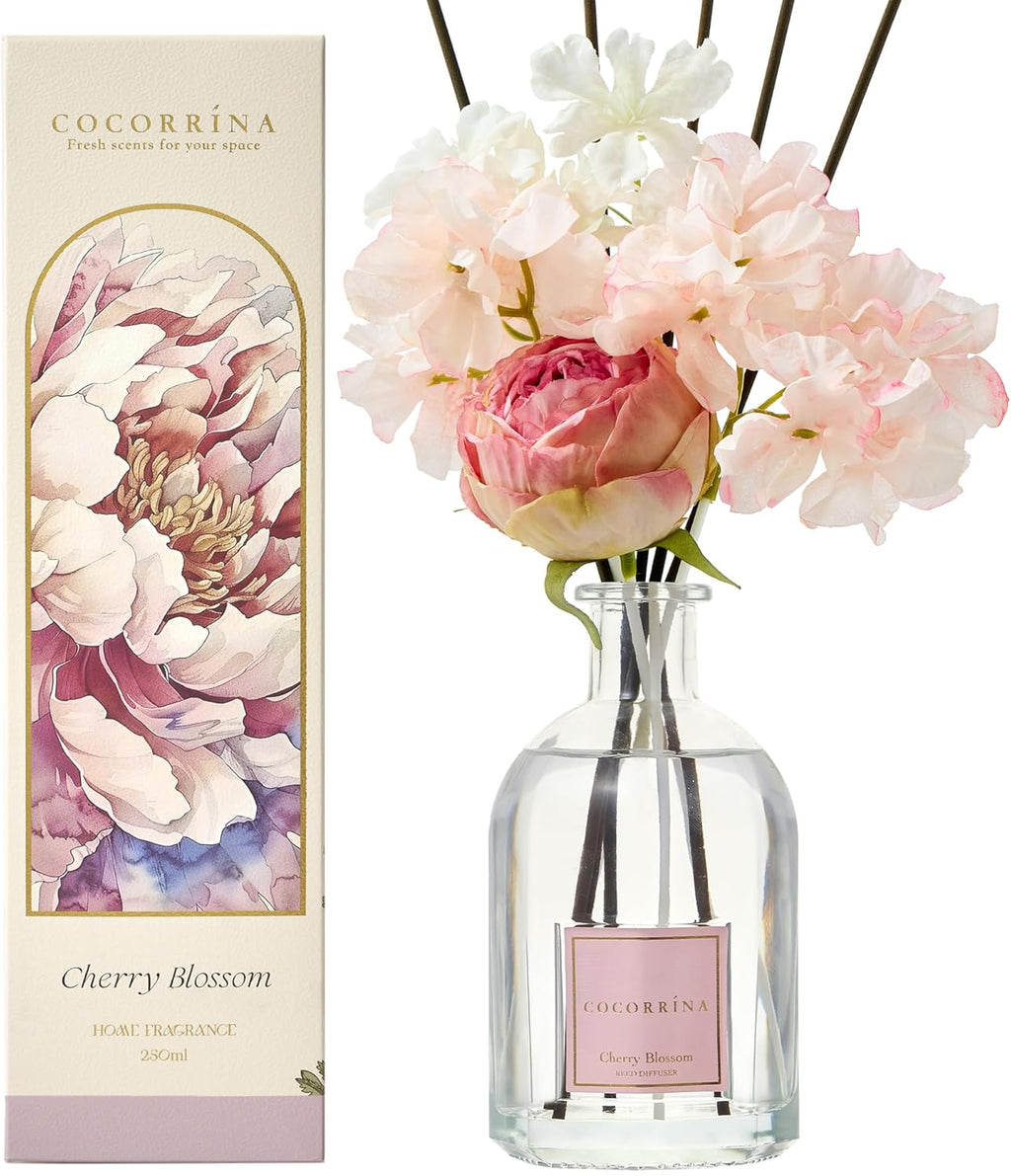 COCORRÍNA Reed Diffuser - Cherry Blossom 8.5 Fl.oz Flower Diffuser with 8 Sticks, Reed Diffusers for Home Bathroom Shelf Decor