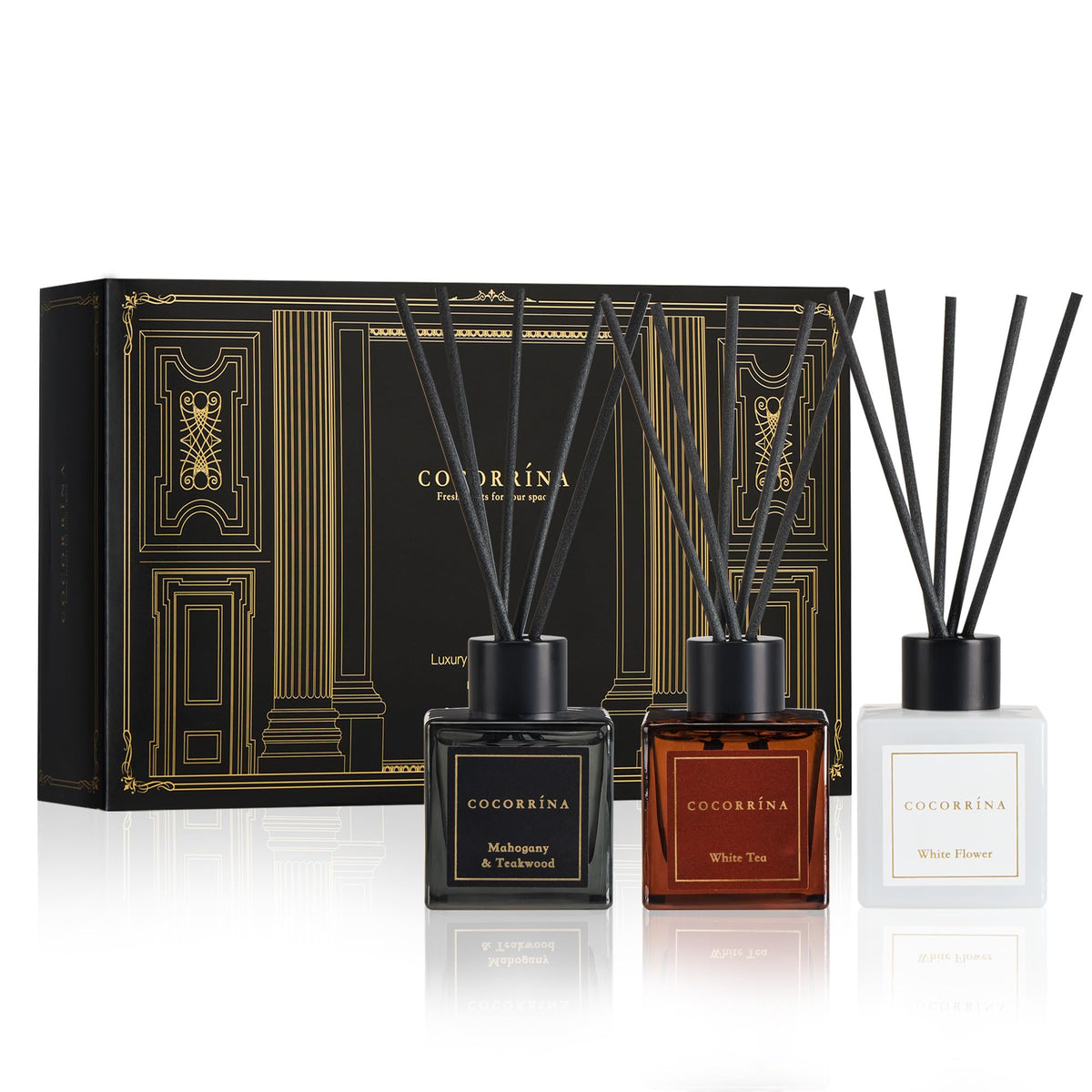 COCORRÍNA Hotel Collection Reed Diffuser Set, 3.04 fl oz Trio, Mahogany Teakwood, White Flower & White Tea, Home Fragrance for Bathroom, Bedroom, Entryway & Office