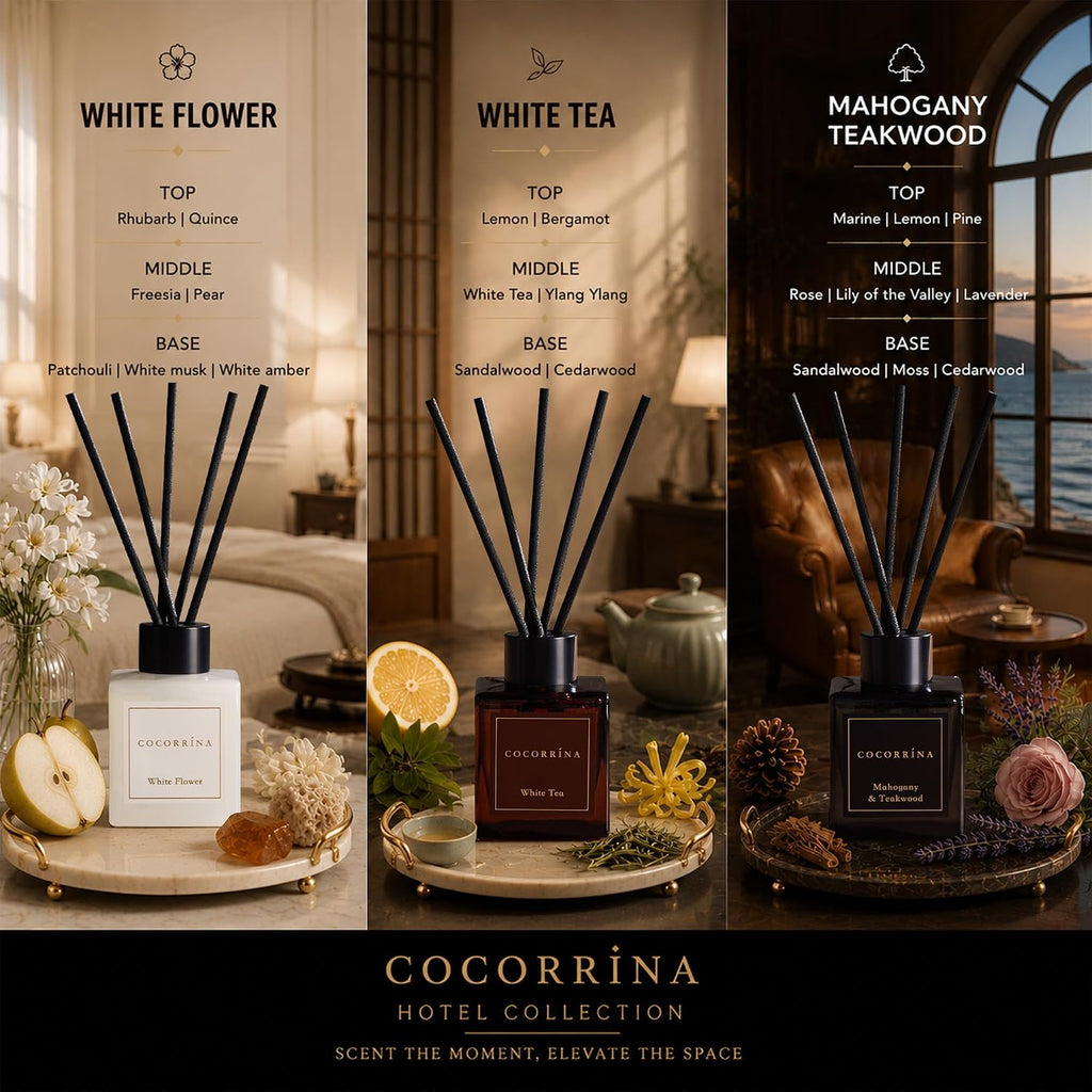 COCORRÍNA Hotel Collection Reed Diffuser Set, 3.04 fl oz Trio, Mahogany Teakwood, White Flower & White Tea, Home Fragrance for Bathroom, Bedroom, Entryway & Office