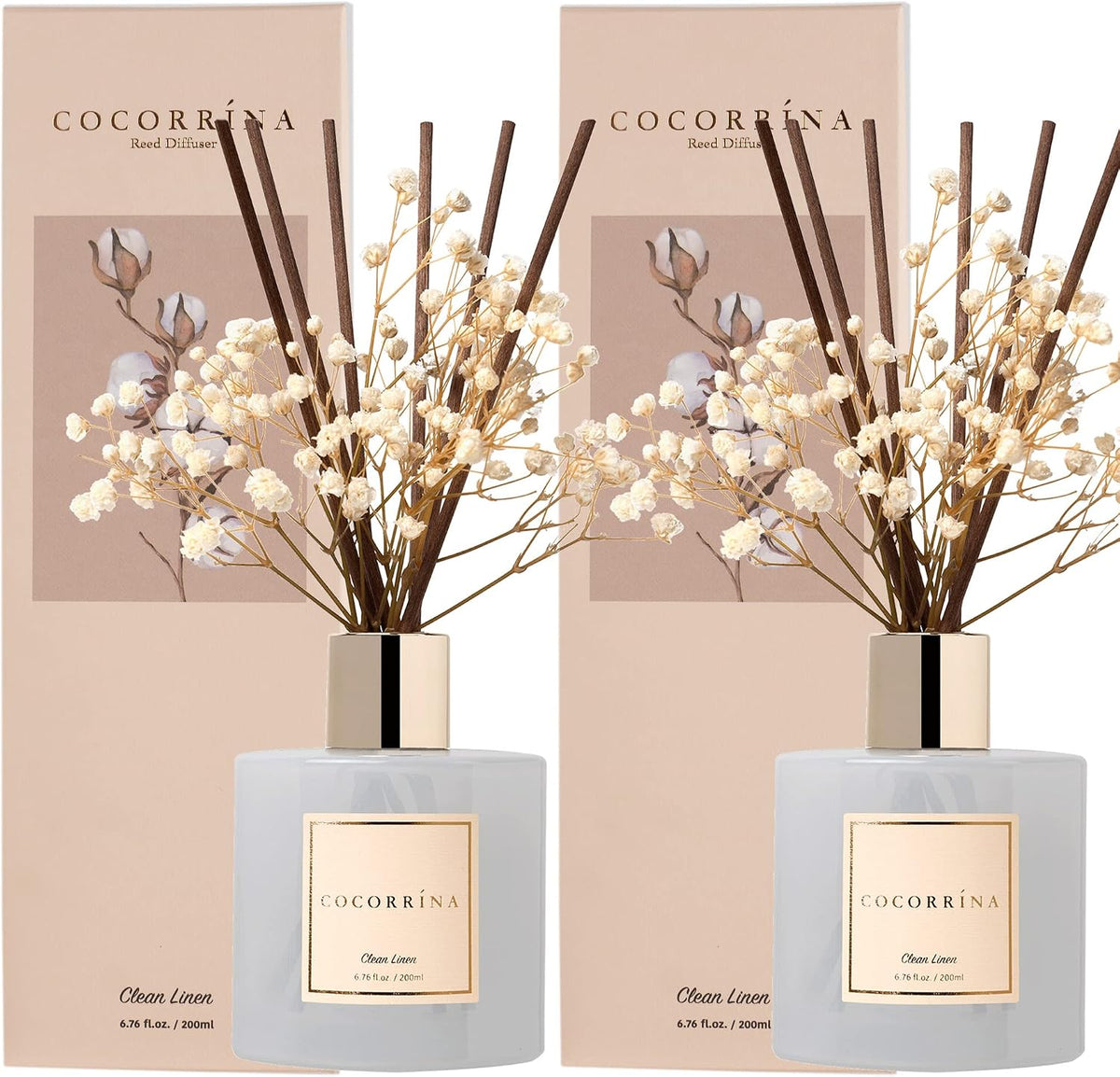 Cocorrína Reed Diffuser Set, 6.7 fl.oz Clean Linen 2 Packs Scented Diffuser with Sticks Home Fragrance Reed Diffuser for Bathroom Shelf Decor