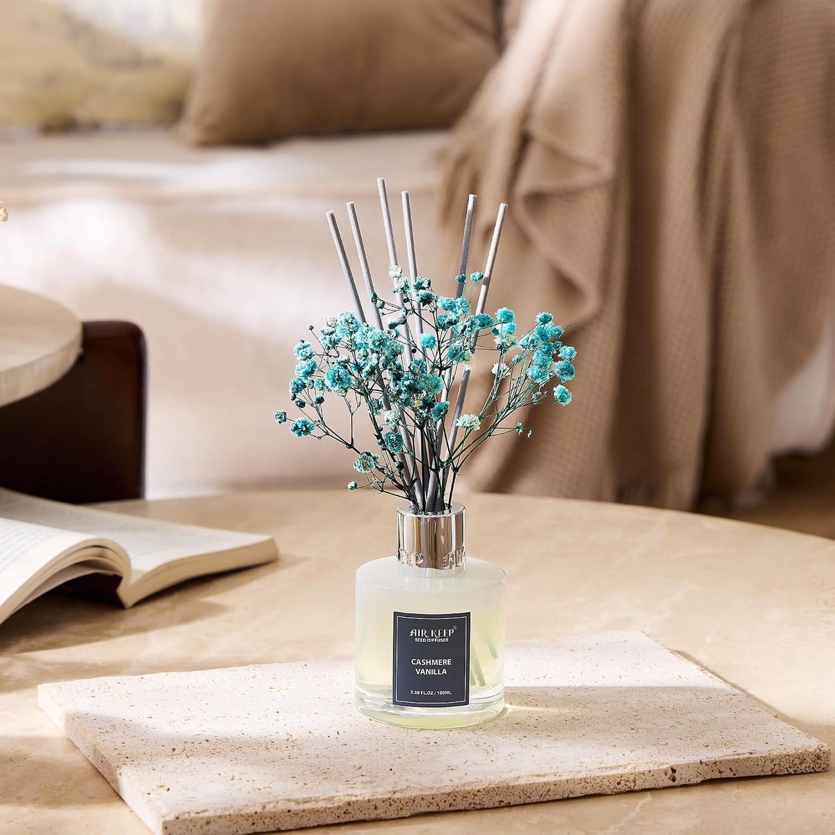 Airkeep Reed Diffuser Set,3.38 fl oz (100 ml) - Cashmere Vanilla Oil Diffusers with 8 Reed Sticks, Home Fragrance Reed Diffuser for Bathroom Shelf Decor