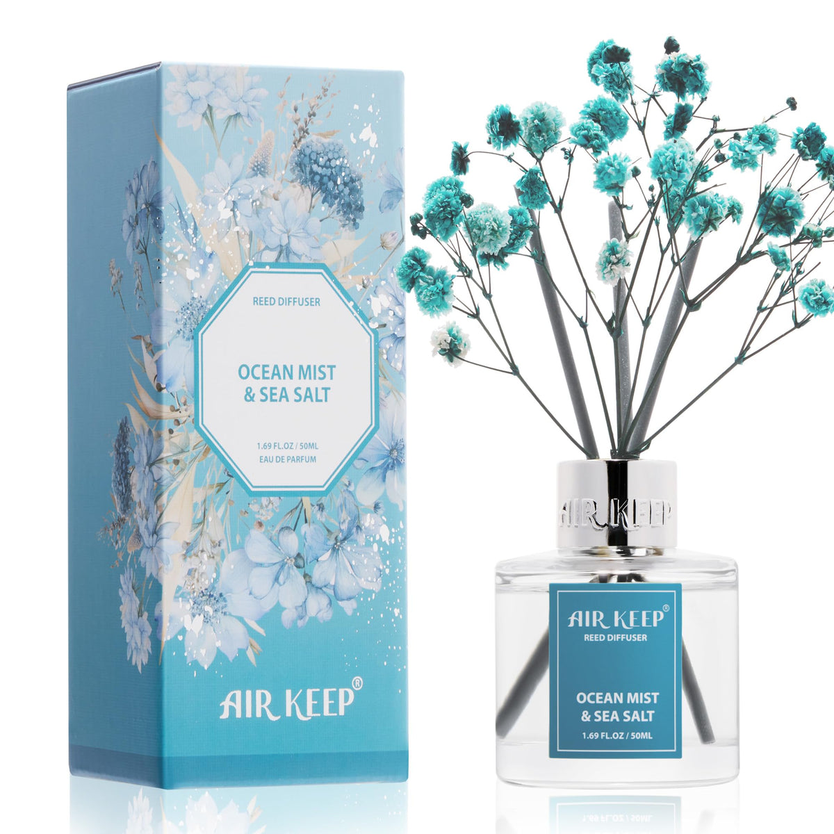 Airkeep Reed Diffuser Set,3.38 fl oz (100 ml) - Ocean Mist&Sea Salt Oil Diffusers with 8 Reed Sticks,Home Fragrance Reed Diffuser for Bathroom Shelf Decor