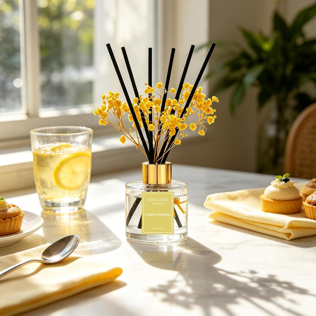 Reed Diffuser Set,3.38 fl oz (100 ml) - Lemon Verbena Oil Diffusers with 6 Reed Sticks for Bathroom Shelf Decor
