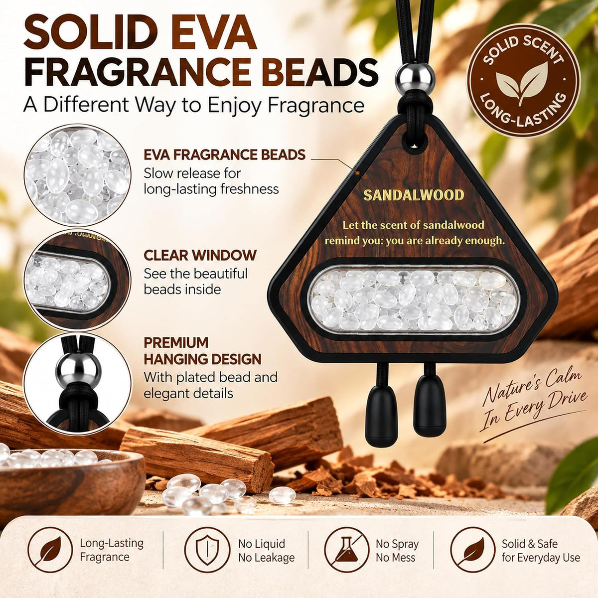 Hanging Car Air Freshener, Solid EVA Beads, Sandalwood, 3 Pack
