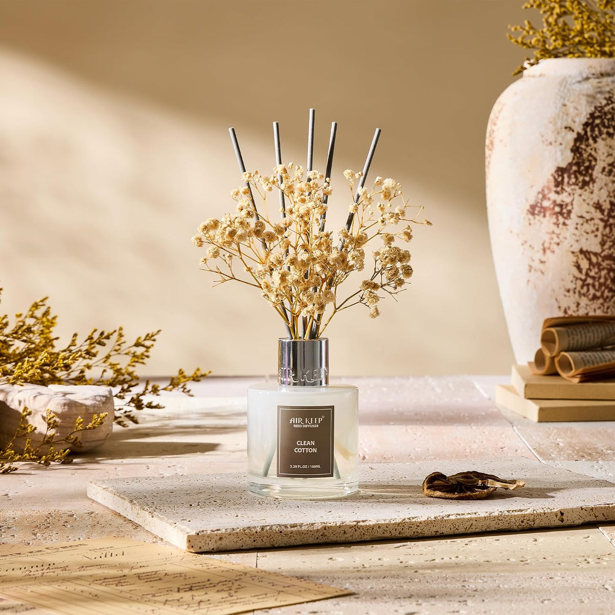 Airkeep Reed Diffuser Set,3.38 fl oz (100 ml) - Clean Cotton Oil Diffusers with 8 Reed Sticks, Home Fragrance Reed Diffuser for Bathroom Shelf Decor