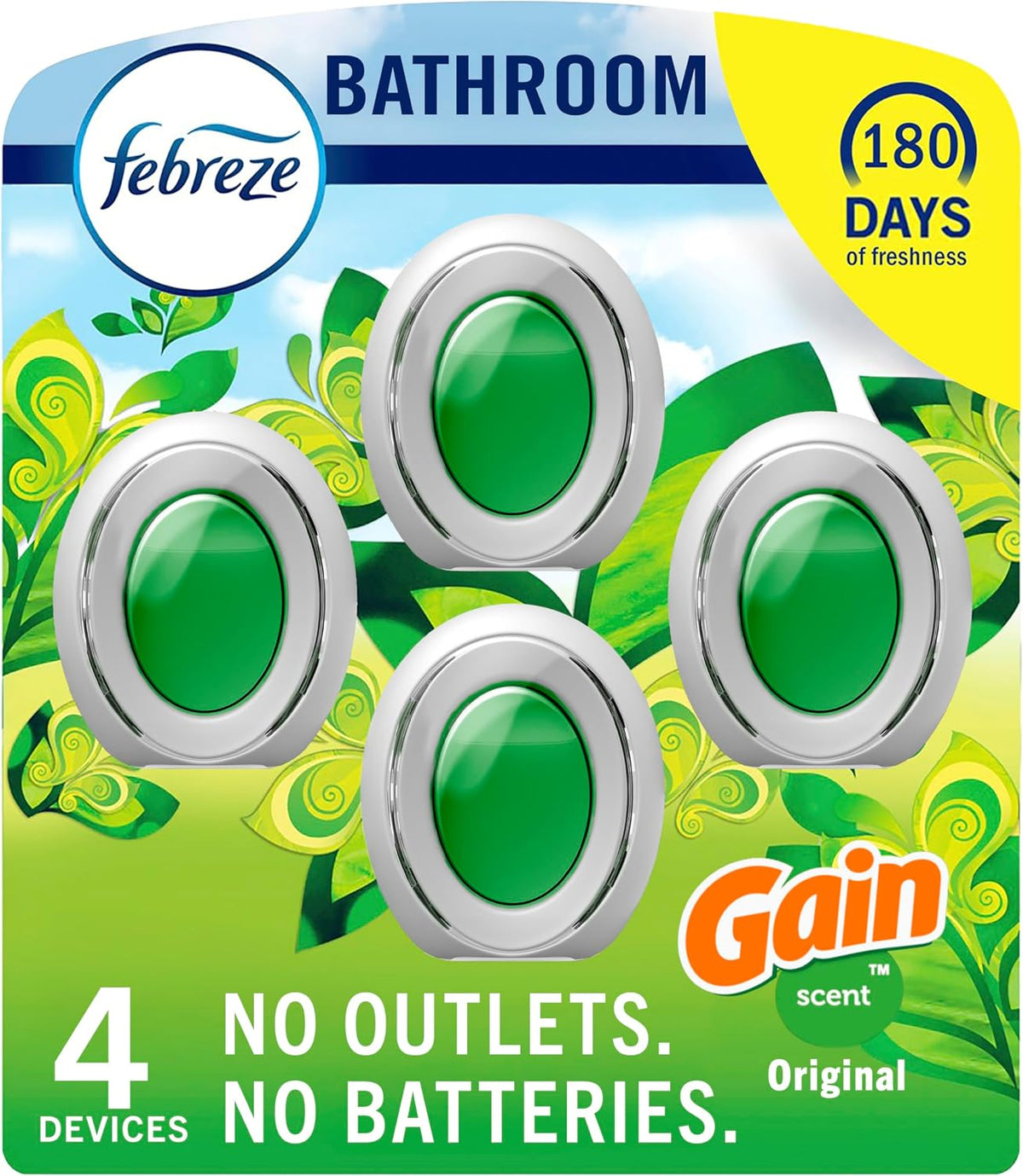 Febreze Bathroom Air Freshener, Odor-Fighting, Plug-in Alternative, Air Fresheners for Small Spaces in Home, Bathroom, Kitchen, & Closet, Pet & Litter Box Odor Fighter, Gain Original Scent, 4ct