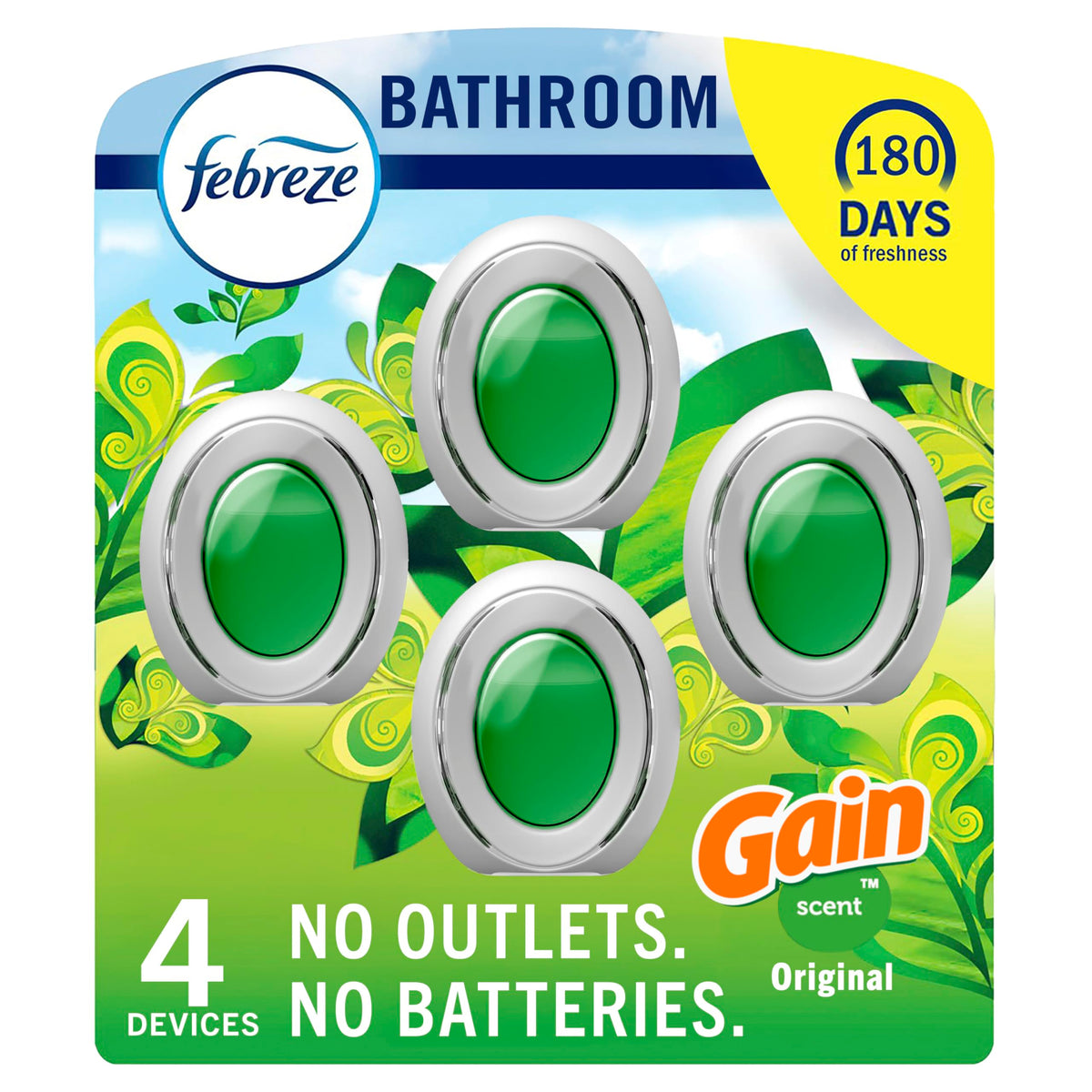 Febreze Bathroom Air Freshener, Odor-Fighting, Plug-in Alternative, Air Fresheners for Small Spaces in Home, Bathroom, Kitchen, & Closet, Pet & Litter Box Odor Fighter, Gain Original Scent, 4ct