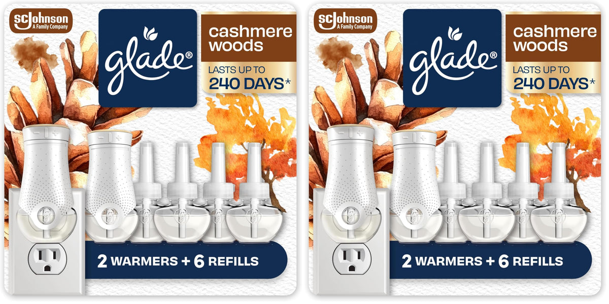 Glade PlugIns Air Freshener Starter Kit, Scented and Essential Oils for Home and Bathroom, Cashmere Woods, 4.02 Fl Oz, 2 Warmers and 6 Refills