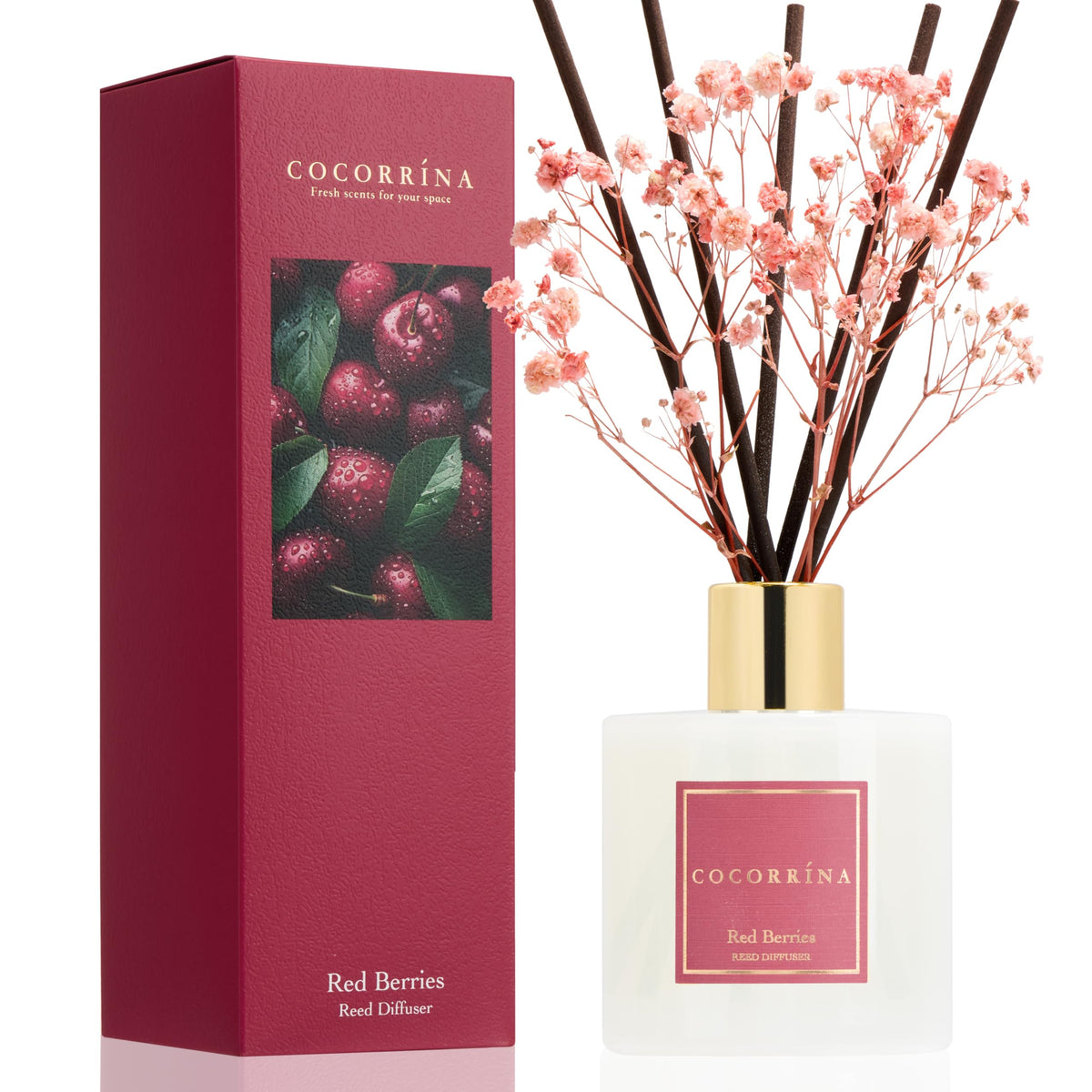 Cocorrína Premium Reed Diffuser Set with Preserved Baby's Breath & Cotton Stick Sandalwood Rose | 6.7oz Scent Fragrance Oil Diffuser for Bedroom Bathroom Home Décor