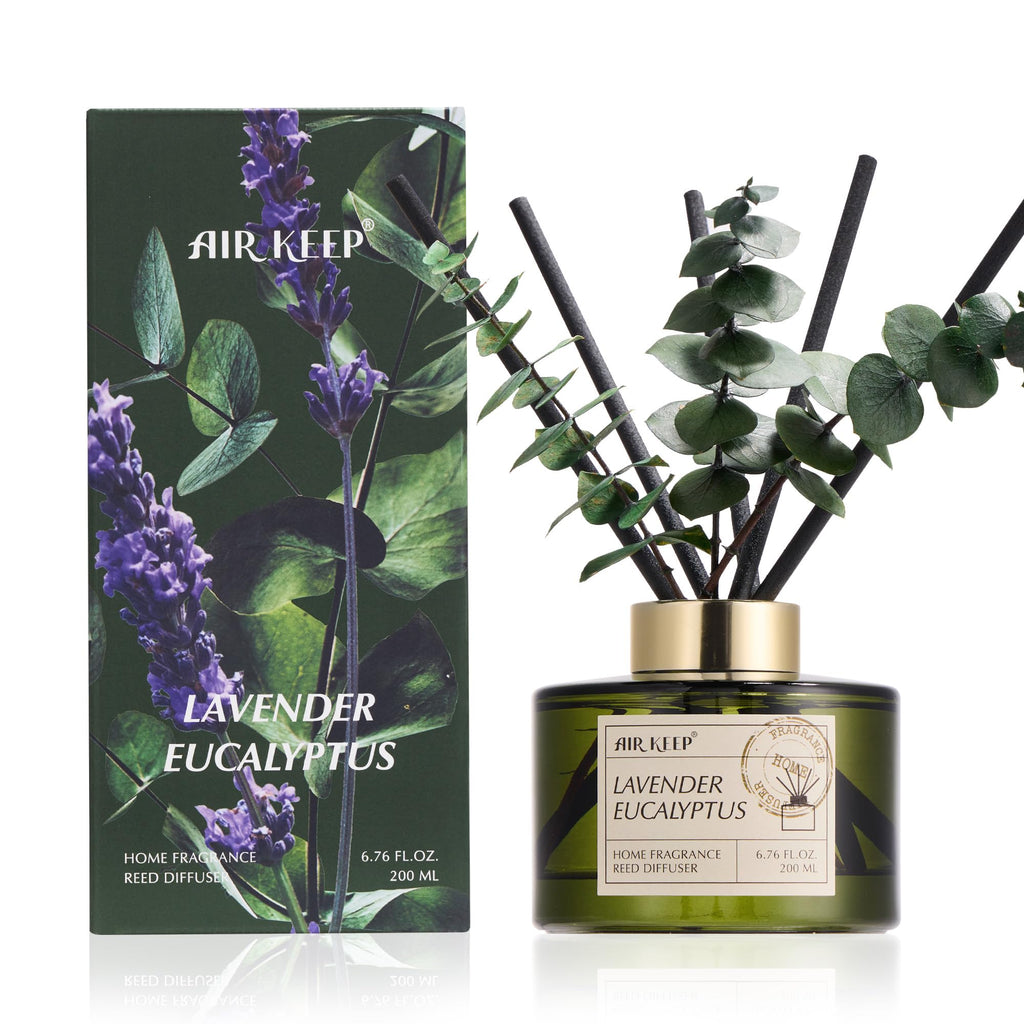 Airkeep Reed Diffuser Set with 6.76 fl oz Forest Mist Scent Essential Oils and 3 Leaves & 8 Diffuser Sticks,Bathroom Shelf Decor & Air Freshener, House Bedroom Office Decor & Gifts
