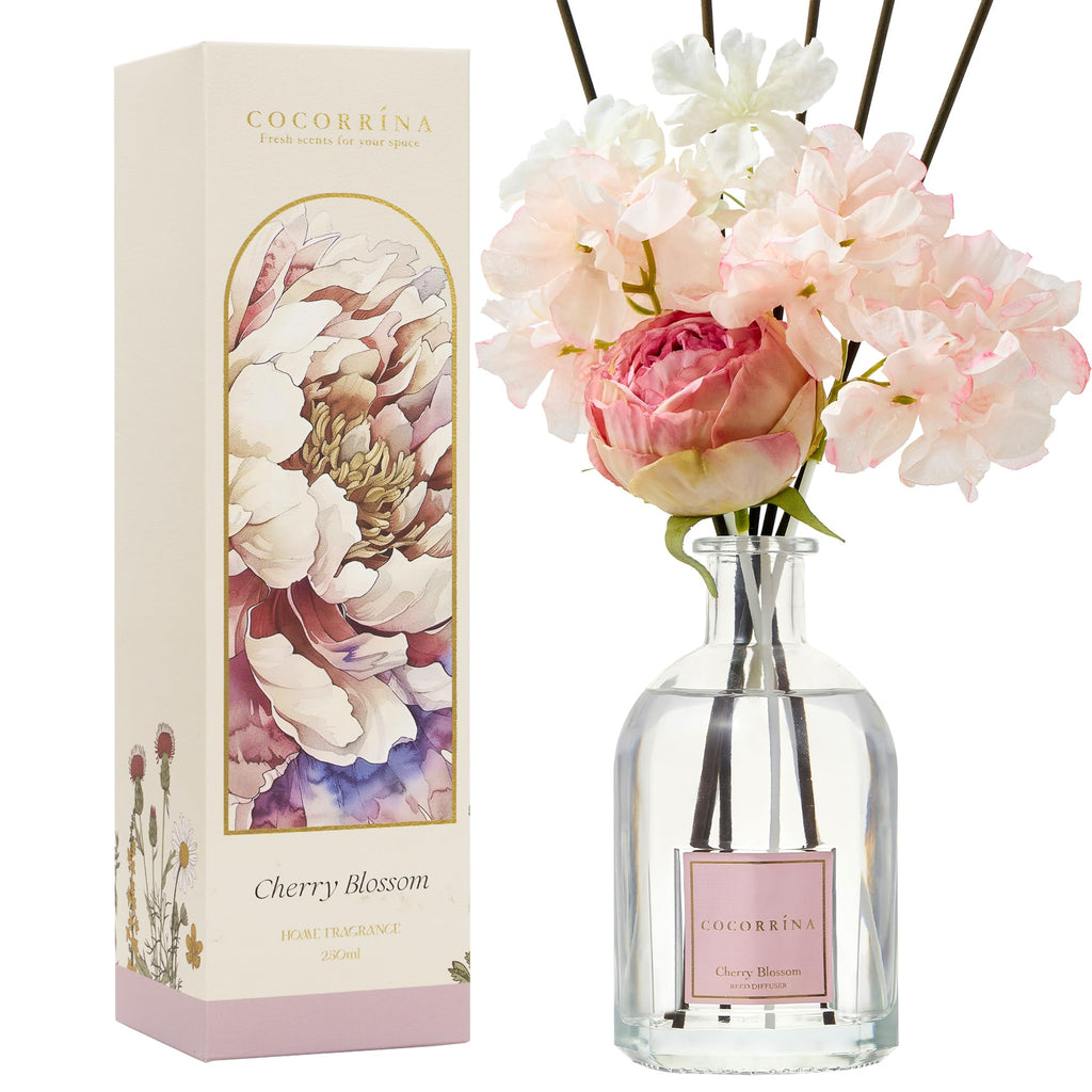 COCORRÍNA Reed Diffuser - Cherry Blossom 8.5 Fl.oz Flower Diffuser with 8 Sticks, Reed Diffusers for Home Bathroom Shelf Decor