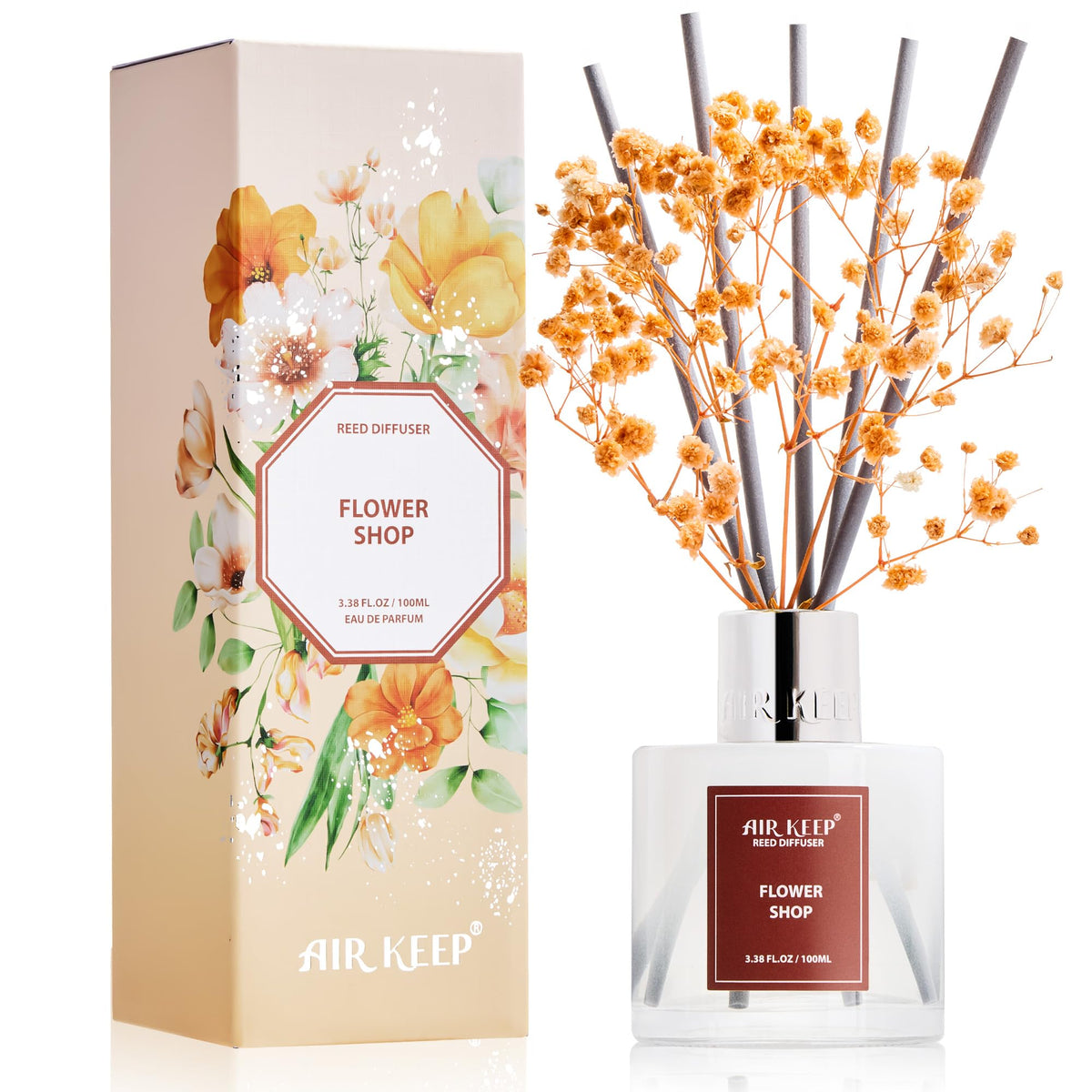 Airkeep Reed Diffuser Set,3.38 fl oz (100 ml) - Clean Cotton Oil Diffusers with 8 Reed Sticks, Home Fragrance Reed Diffuser for Bathroom Shelf Decor