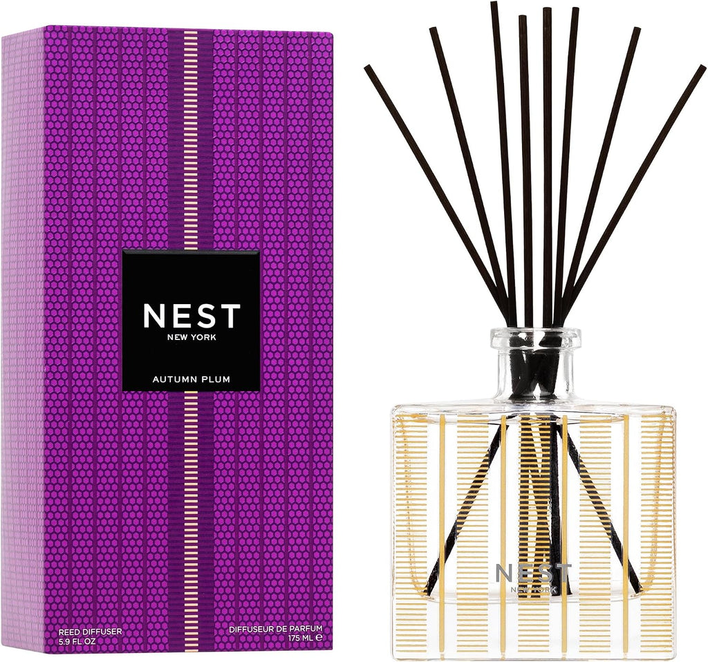 NEST New York Reed Diffuser, Autumn Plum - The Fall Collection - 5.9 fl oz - Fragrance for Up to 90 Days - Reusable, Refillable Glass Holder - Includes 8 All-Natural Reed Sticks - Flame Free