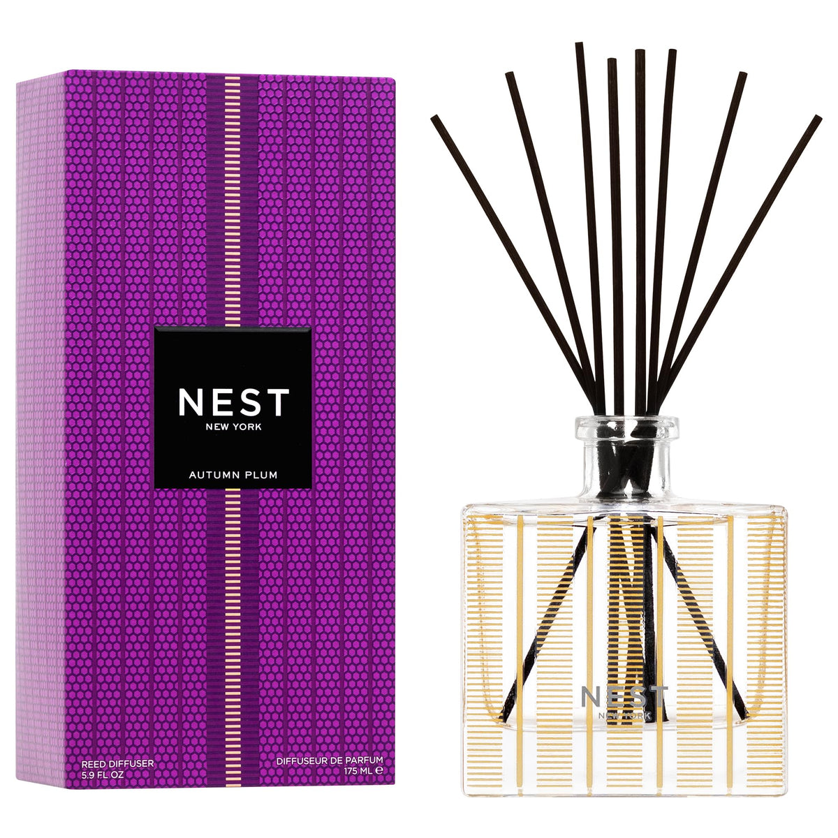 NEST New York Reed Diffuser, Autumn Plum - The Fall Collection - 5.9 fl oz - Fragrance for Up to 90 Days - Reusable, Refillable Glass Holder - Includes 8 All-Natural Reed Sticks - Flame Free