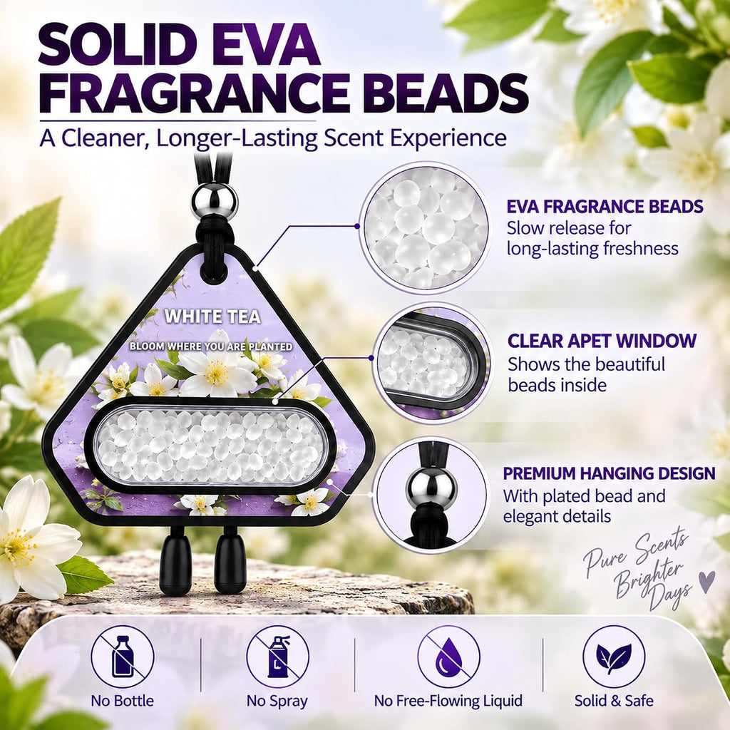 Hanging Car Air Freshener, Solid EVA Beads, White Tea, 3 Pack