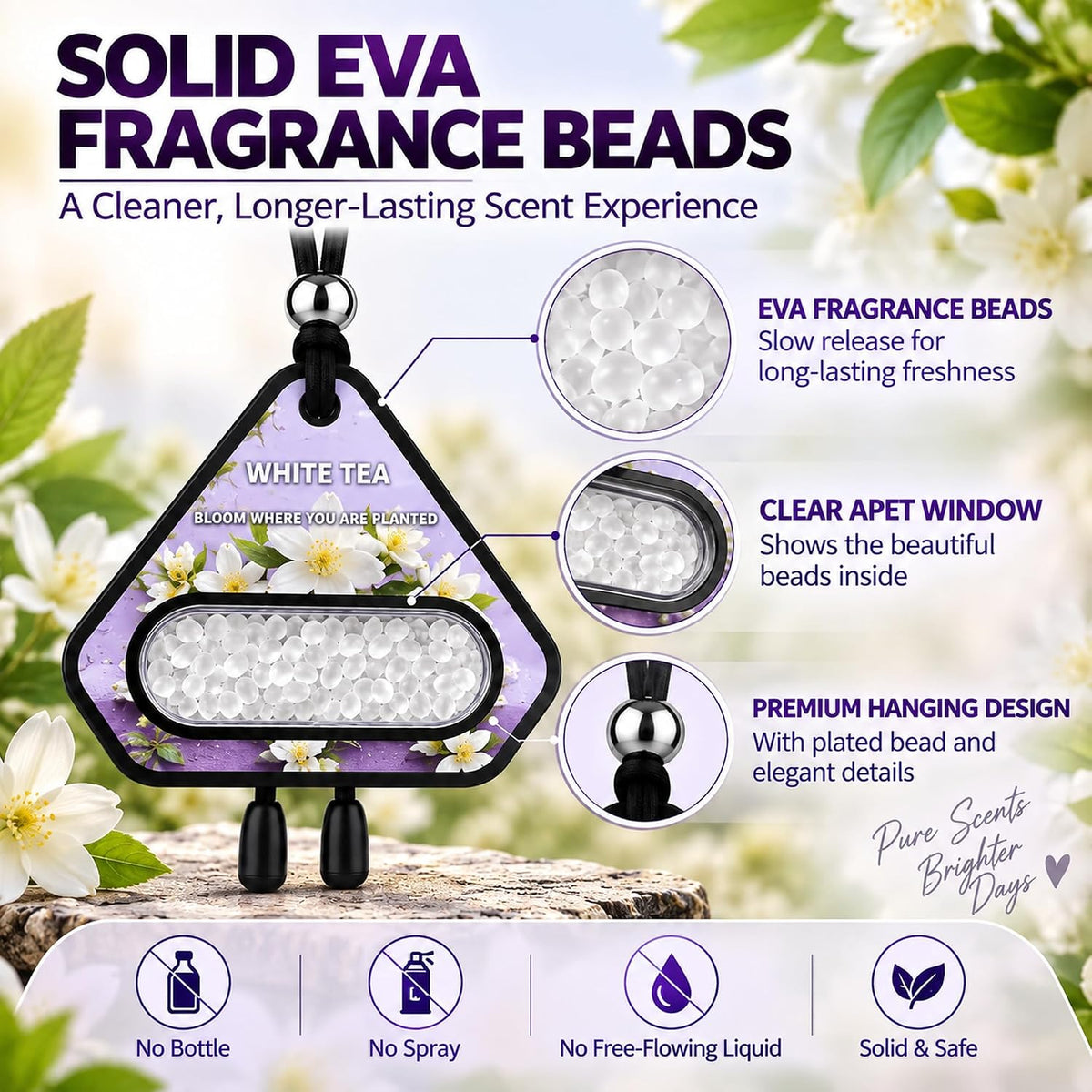 Hanging Car Air Freshener, Solid EVA Beads, White Tea, 3 Pack